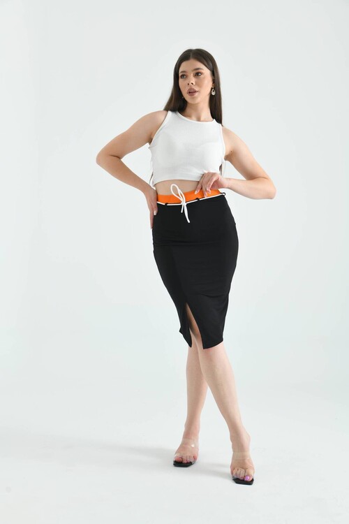 Black Elastic and Tie Detailed Midi Bodycon Knitted Skirt