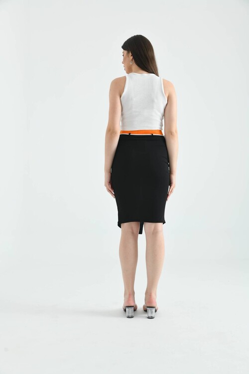 Black Elastic and Tie Detailed Midi Bodycon Knitted Skirt