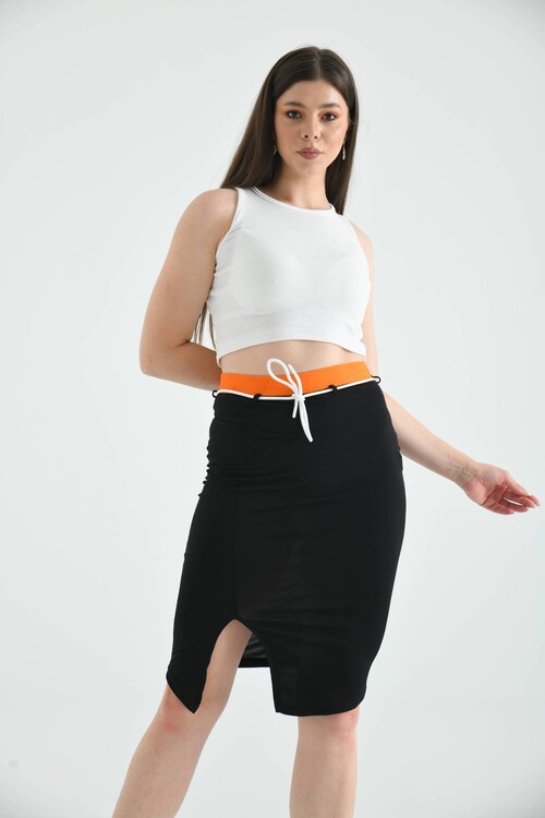 Black Elastic and Tie Detailed Midi Bodycon Knitted Skirt