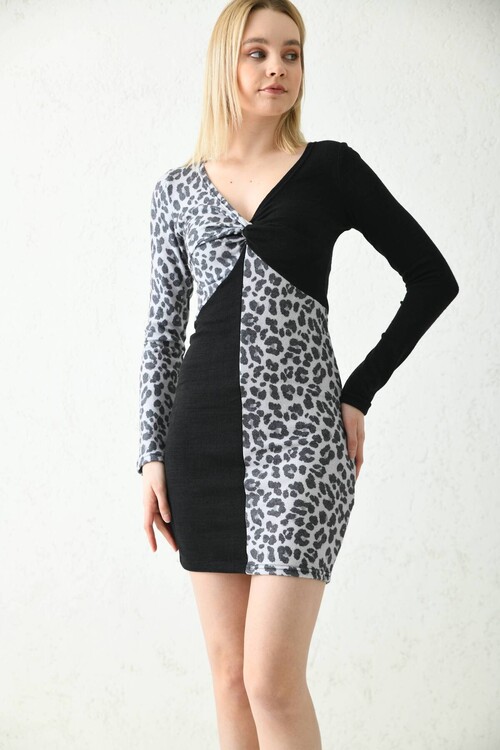 Black Leopard Patterned Block Dress