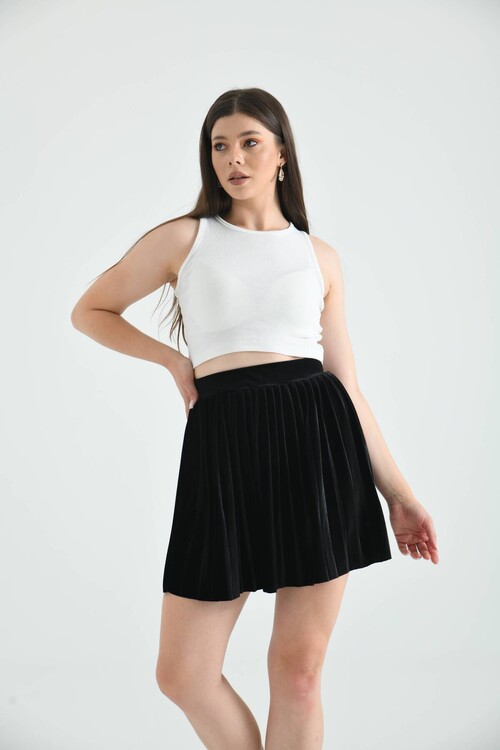 Siyah Pileli Lastik Detaylı Mini Kadife Etek