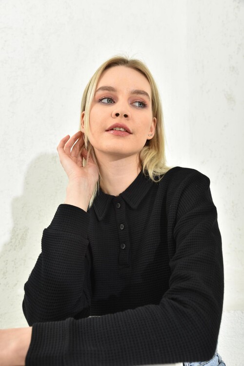 Black Polo Neck Crop Blouse