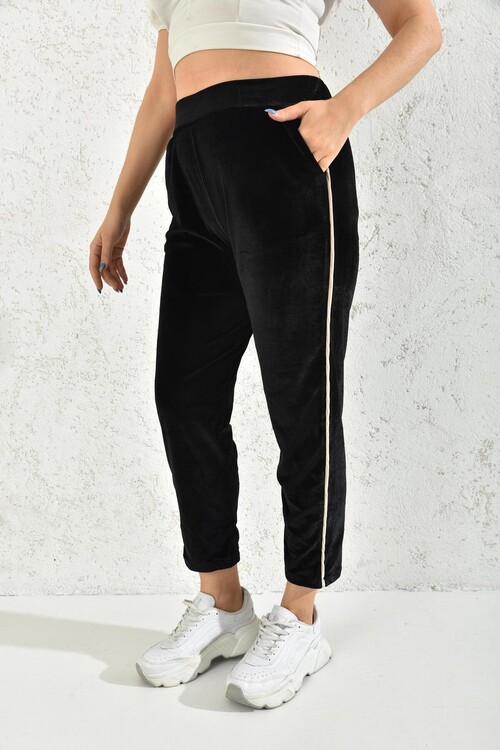 Black Stripe Detailed Velvet Sweatpants