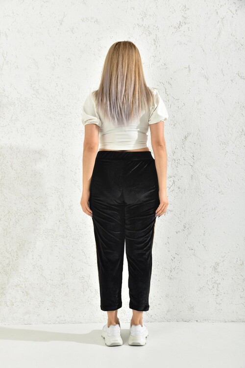 Black Stripe Detailed Velvet Sweatpants