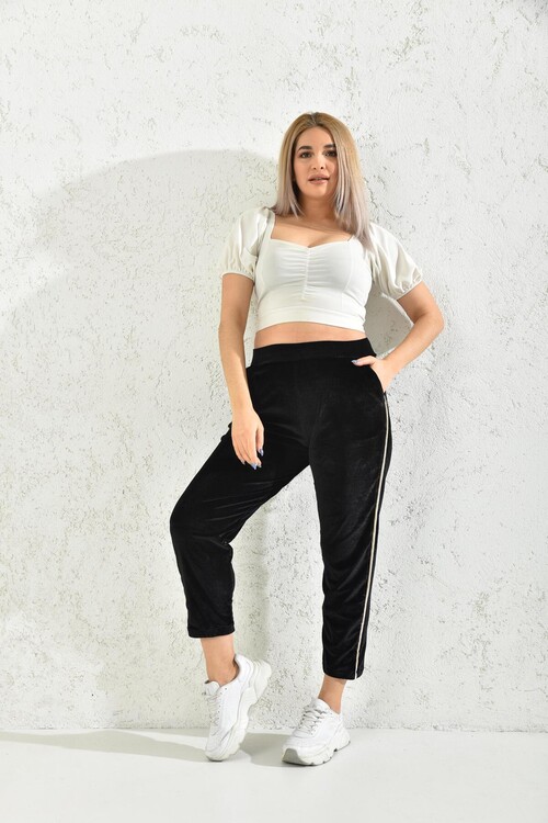 Black Stripe Detailed Velvet Sweatpants