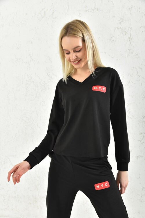 Black V-Neck Print Detailed Blouse