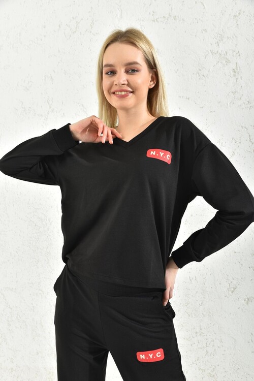 Black V-Neck Print Detailed Blouse