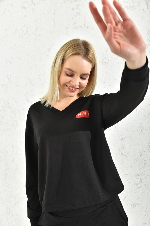 Black V-Neck Print Detailed Blouse