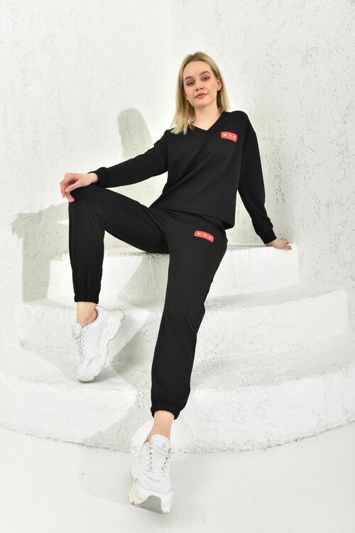 Black V-Neck Print Detailed Tracksuit Set