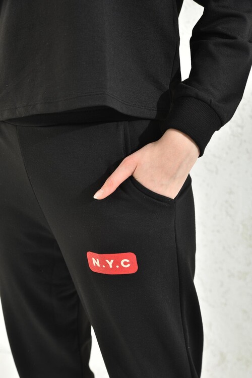 Black V-Neck Print Detailed Tracksuit Set