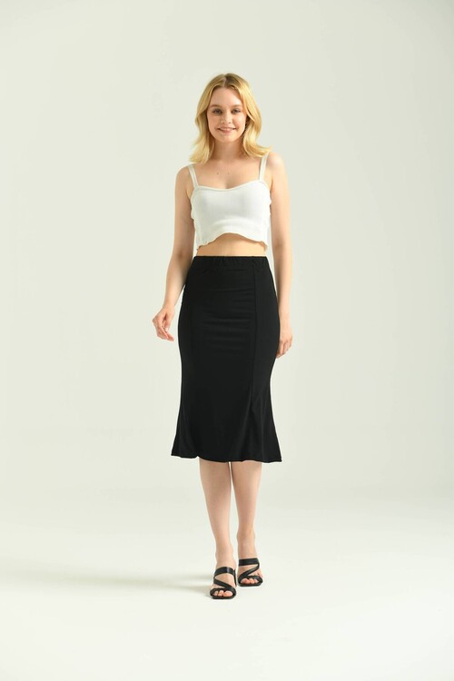  Black Ruffle Sandy Fabric Midi Skirt
