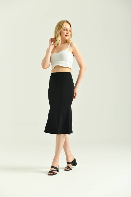  Black Ruffle Sandy Fabric Midi Skirt