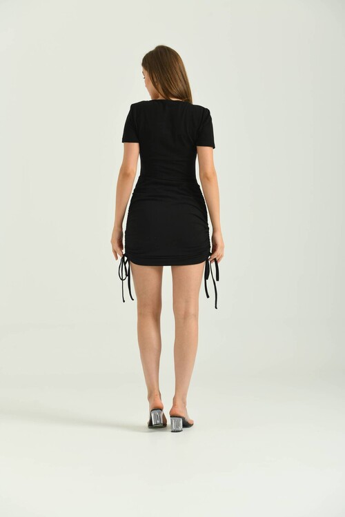 Black Side Pleated U Neck Mini Dress