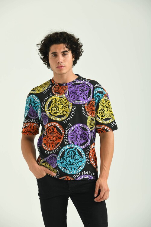 Black Round Neck Pattern Printed T-Shirt