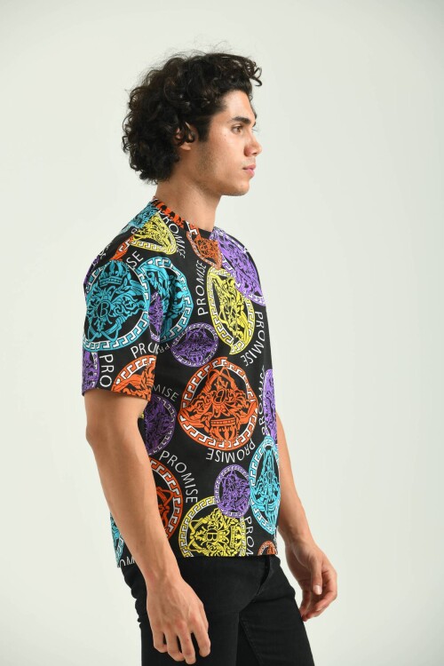 Black Round Neck Pattern Printed T-Shirt