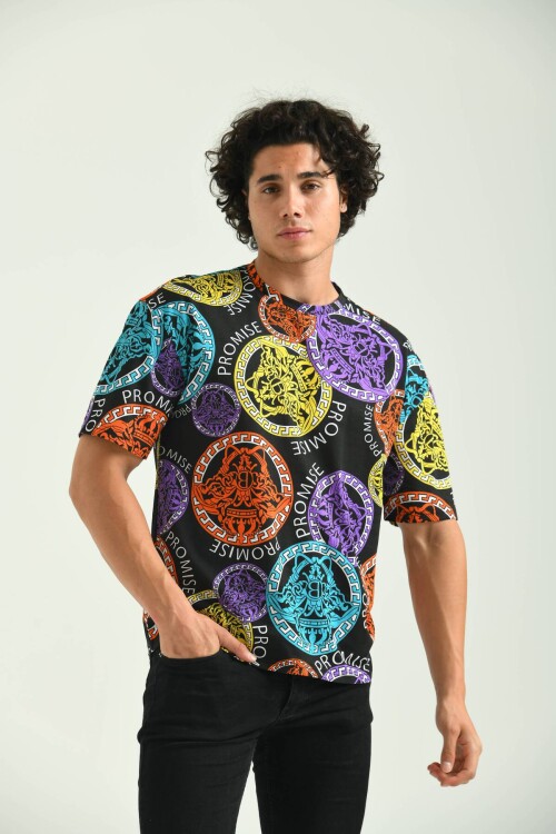 Black Round Neck Pattern Printed T-Shirt