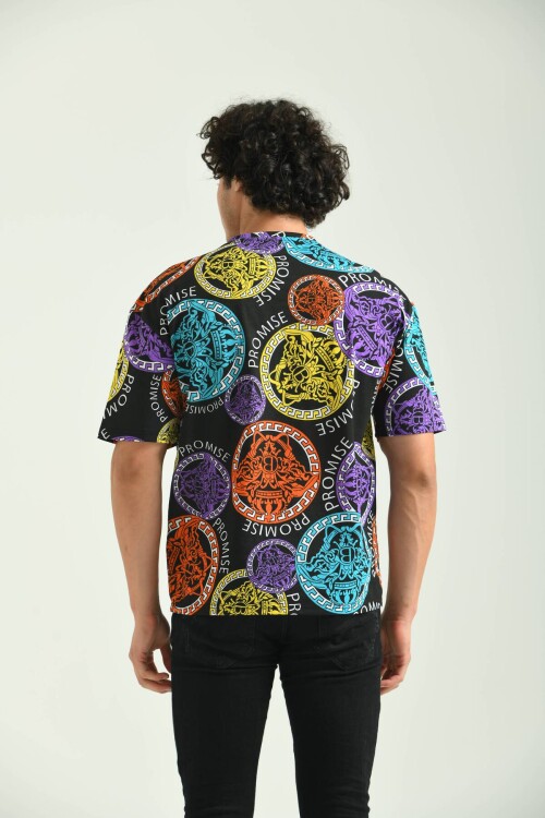 Black Round Neck Pattern Printed T-Shirt