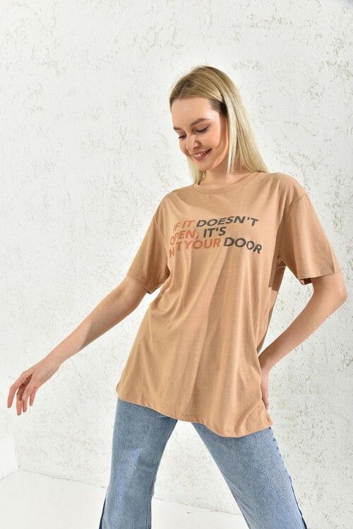 Milk Brown Print Detail Crew Neck T-Shirt