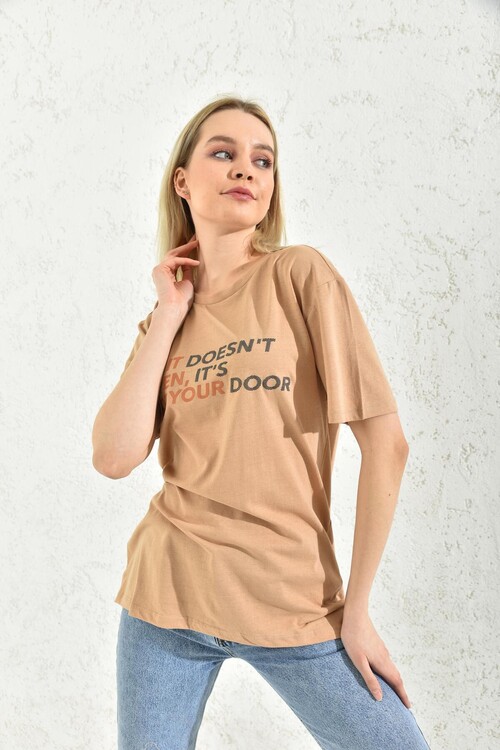 Milk Brown Print Detail Crew Neck T-Shirt