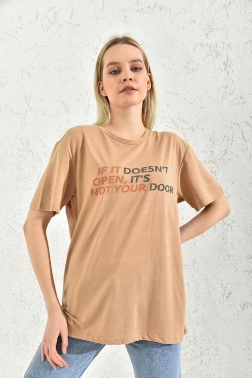 Milk Brown Print Detail Crew Neck T-Shirt
