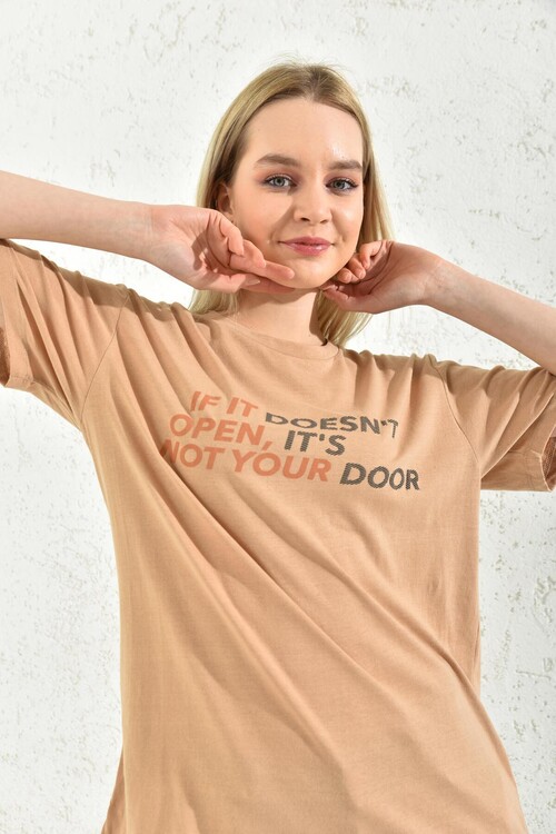 Milk Brown Print Detail Crew Neck T-Shirt