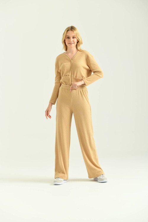 Milk Brown Button Detailed Relaxed Bottom-Top Set