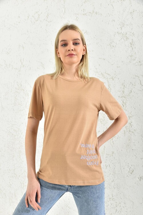 Milk Brown Short Sleeve Embroidered T-Shirt