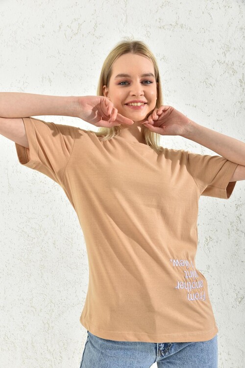 Milk Brown Short Sleeve Embroidered T-Shirt