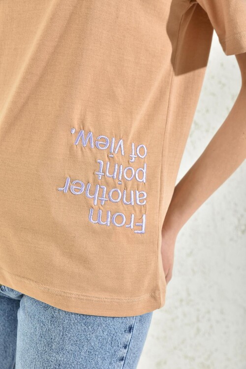Milk Brown Short Sleeve Embroidered T-Shirt