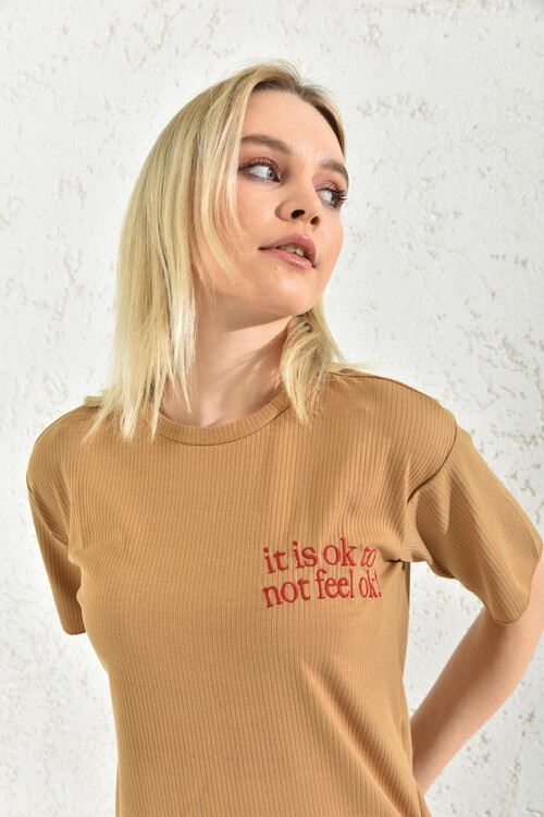 Sütlü Kahve Nakış Detaylı Kısa Kol T-Shirt