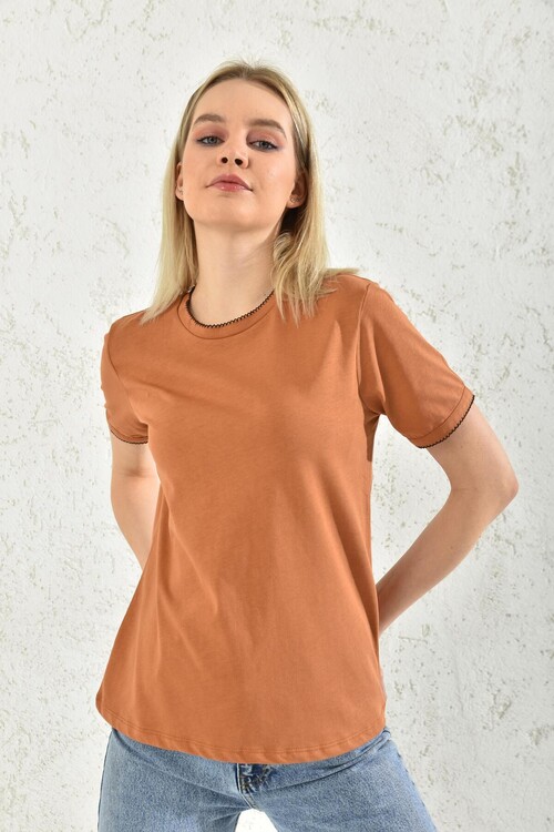 Milk Brown Collar and Sleeve Detailed T-Shirt