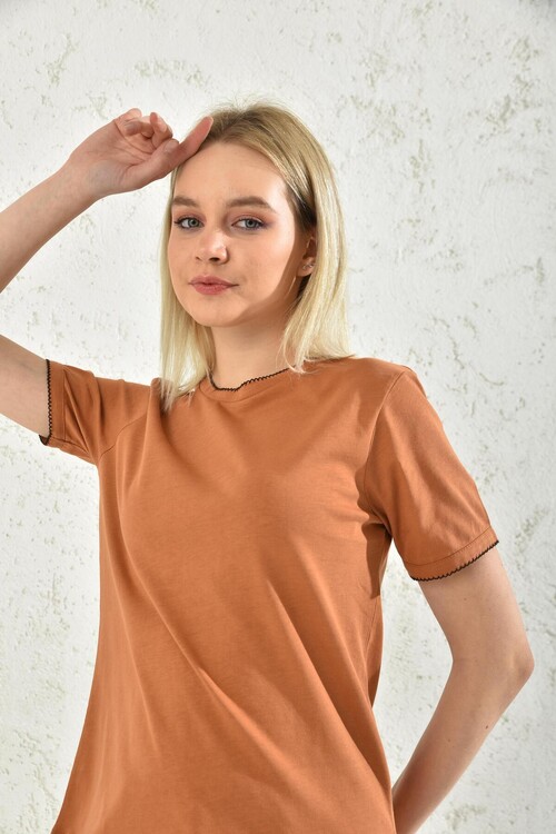 Milk Brown Collar and Sleeve Detailed T-Shirt