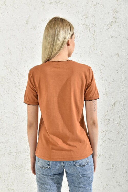 Milk Brown Collar and Sleeve Detailed T-Shirt