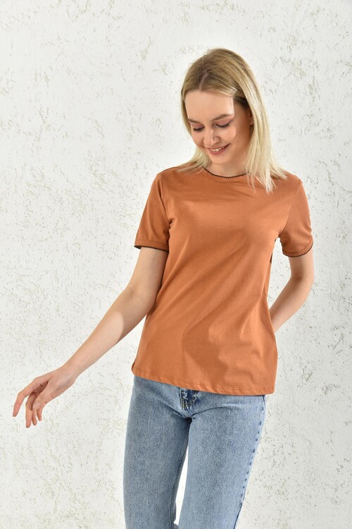 Milk Brown Collar and Sleeve Detailed T-Shirt