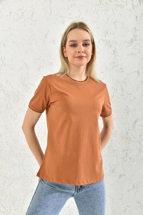 Milk Brown Collar and Sleeve Detailed T-Shirt