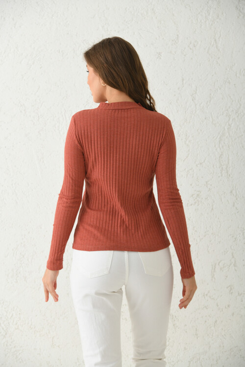 Cinnamon Stand Long Sleeve Ribbed Knitted Blouse