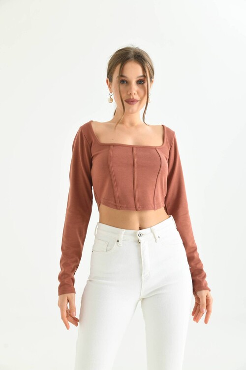 Cinnamon Front Stripe Detailed Square Neck Crop Blouse
