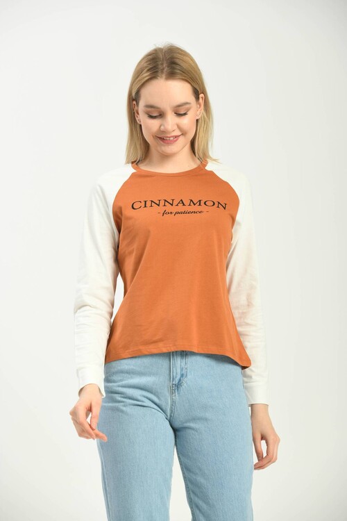 Cinnamon Color Block Basic Printed Long Sleeve Knitted T-Shirt