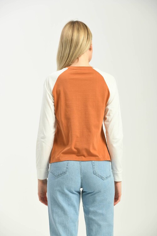 Cinnamon Color Block Basic Printed Long Sleeve Knitted T-Shirt
