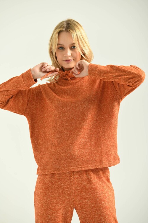 Orange Turtleneck Hooded Fluffy Knitted Blouse