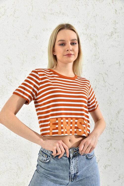 Orange Short Sleeve Flush Print Crop Blouse
