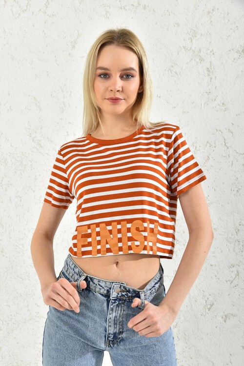 Orange Short Sleeve Flush Print Crop Blouse