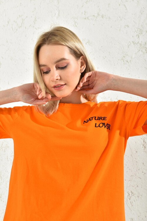 Orange Front Embroidered Back Print Detailed T-Shirt