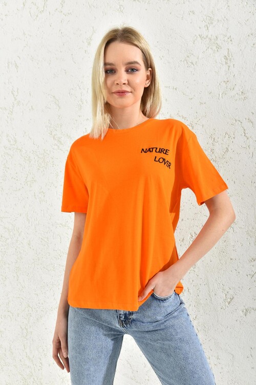 Orange Front Embroidered Back Print Detailed T-Shirt