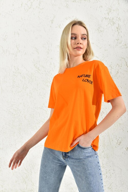 Orange Front Embroidered Back Print Detailed T-Shirt