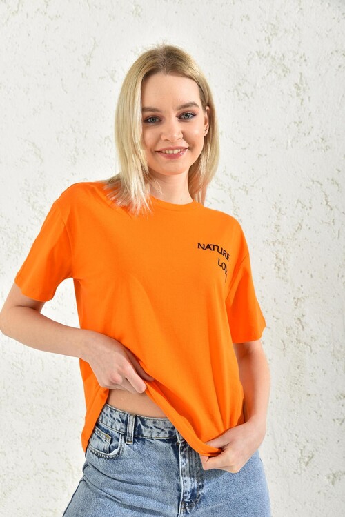Orange Front Embroidered Back Print Detailed T-Shirt