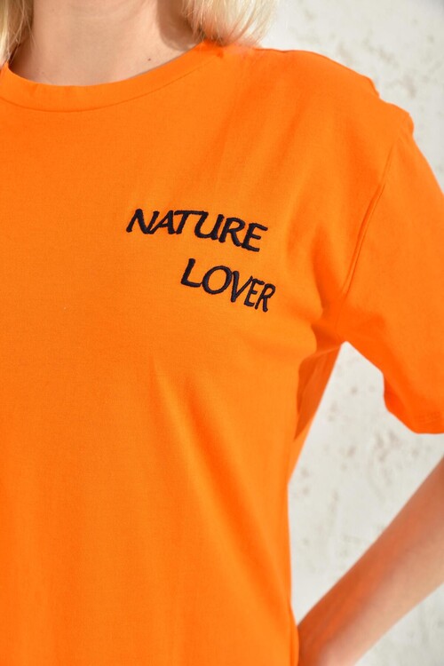 Orange Front Embroidered Back Print Detailed T-Shirt