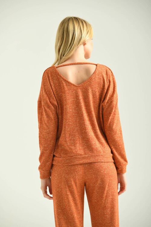 Orange V-Neck Back Detailed Soft Knitted Blouse