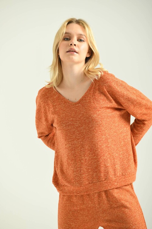 Orange V-Neck Back Detailed Soft Knitted Blouse