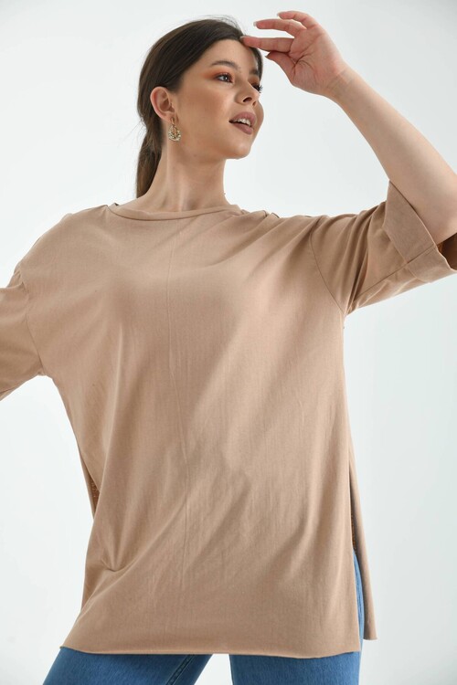 Mink Double Sleeve Wide Cut Asymmetrical Slit Knitted T-Shirt